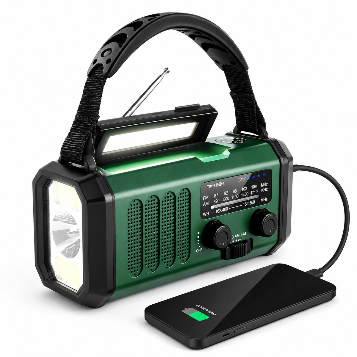Noodradio 10000 mAh met AM/FM/NOAA – Solar Radio met Zaklamp, Leeslamp, SOS Alarm, Handslinger en USB-C Powerbank – Groen