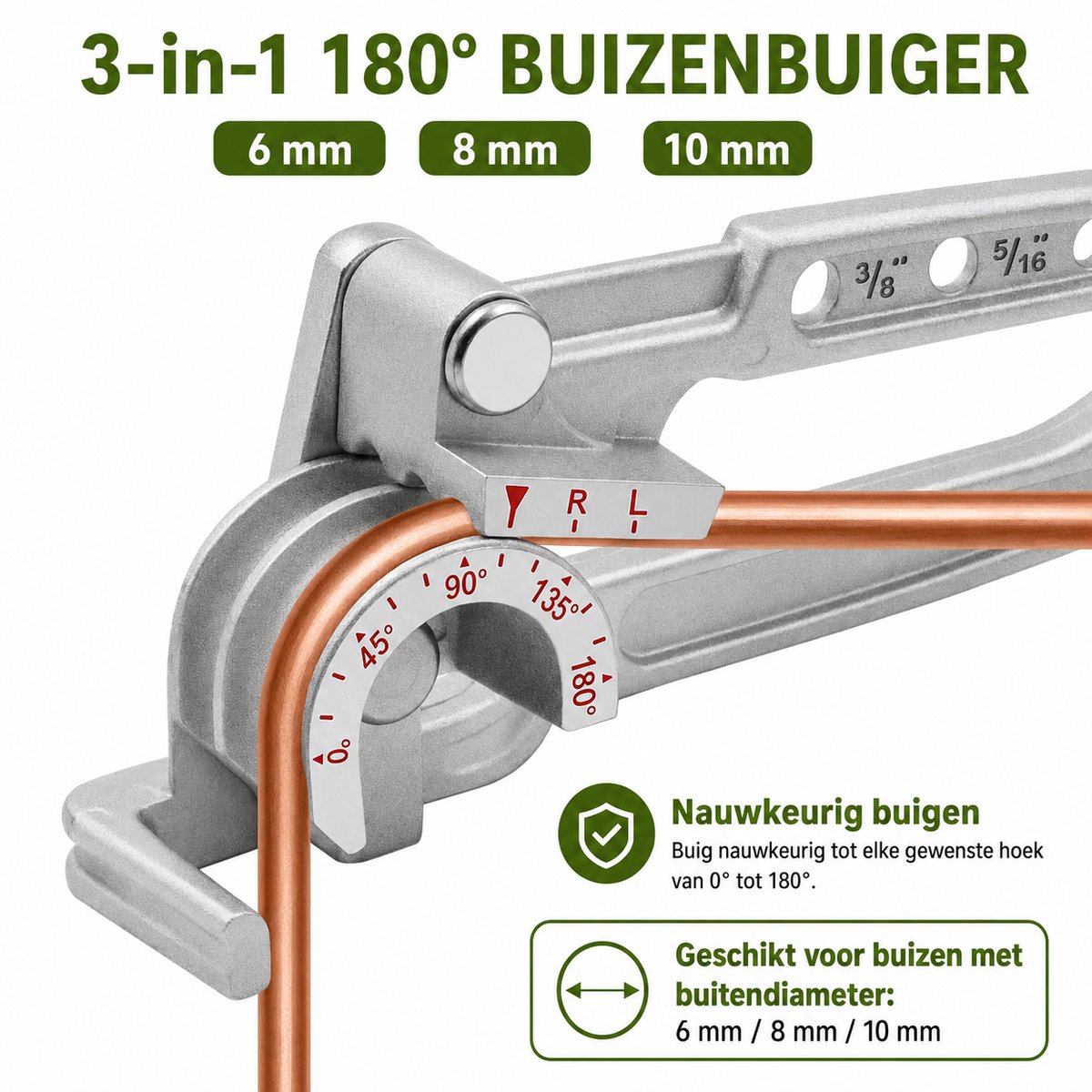3-in-1 Buisbuiger 6 mm / 8 mm / 10 mm – Buigmachine voor Koperen, Aluminium en Remleidingen – 180° Handgereedschap