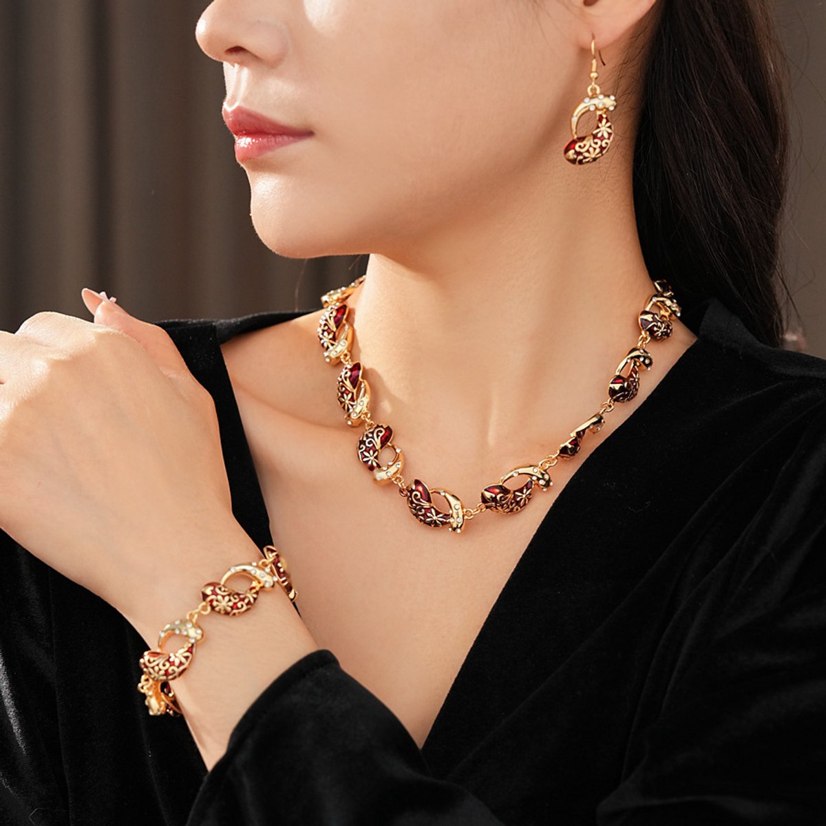Sieradenset / Vintage emaille druppelvormige set / modieuze retro armband, oorbellen en ketting