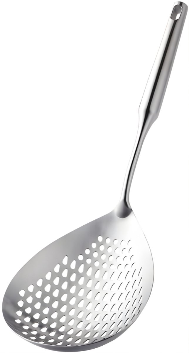 KAD® Spatel - Schuimspaan – Keukenhulp – Hittebestendig – Voor Soepen & Frituren – Met Extra Lange Steel - Zilver - 15cm x 2cm x 38cm