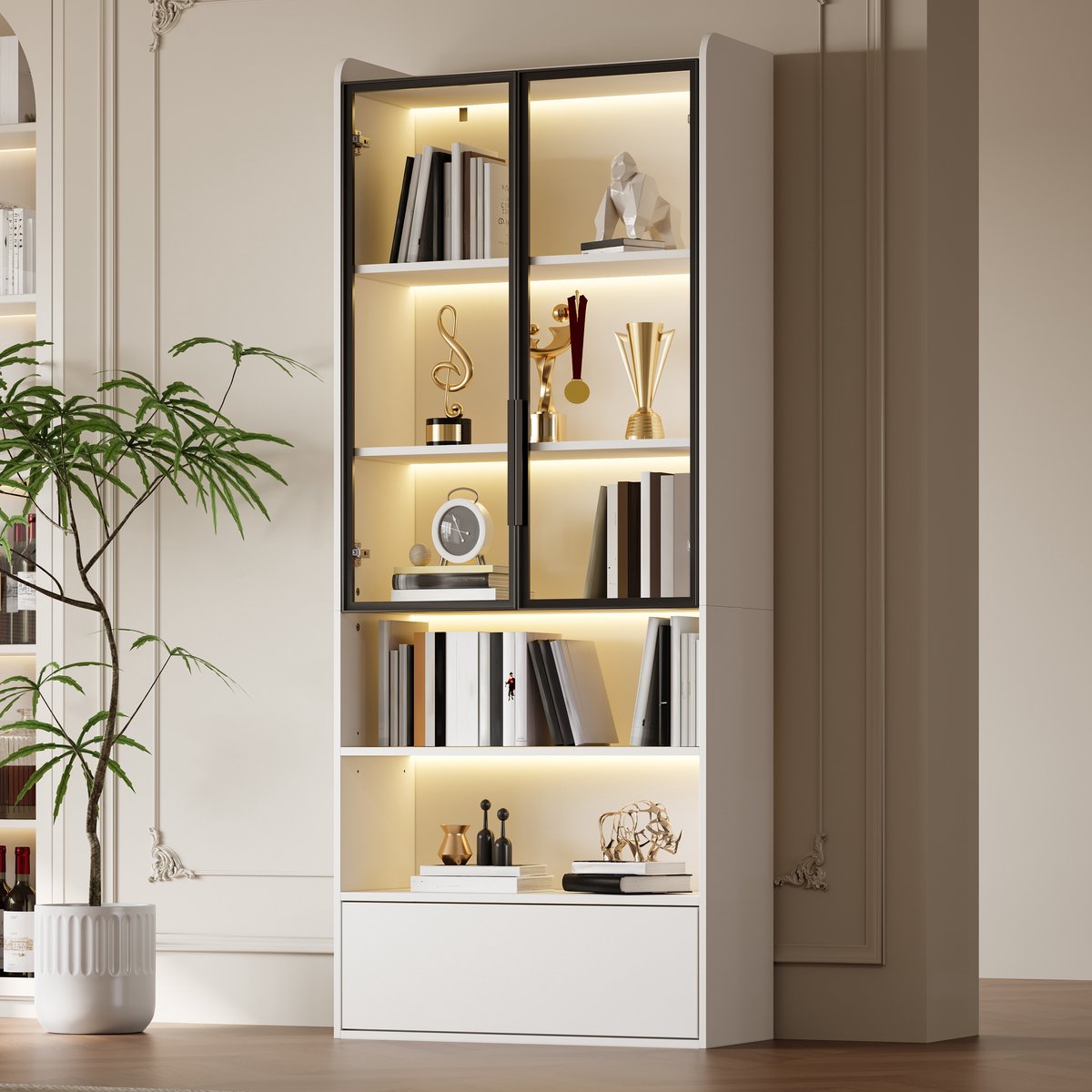 Clruro Vitrinekast - 80x34x180 cm - LED Verlichting met Glazen Deuren en Lade - Glas - Wit