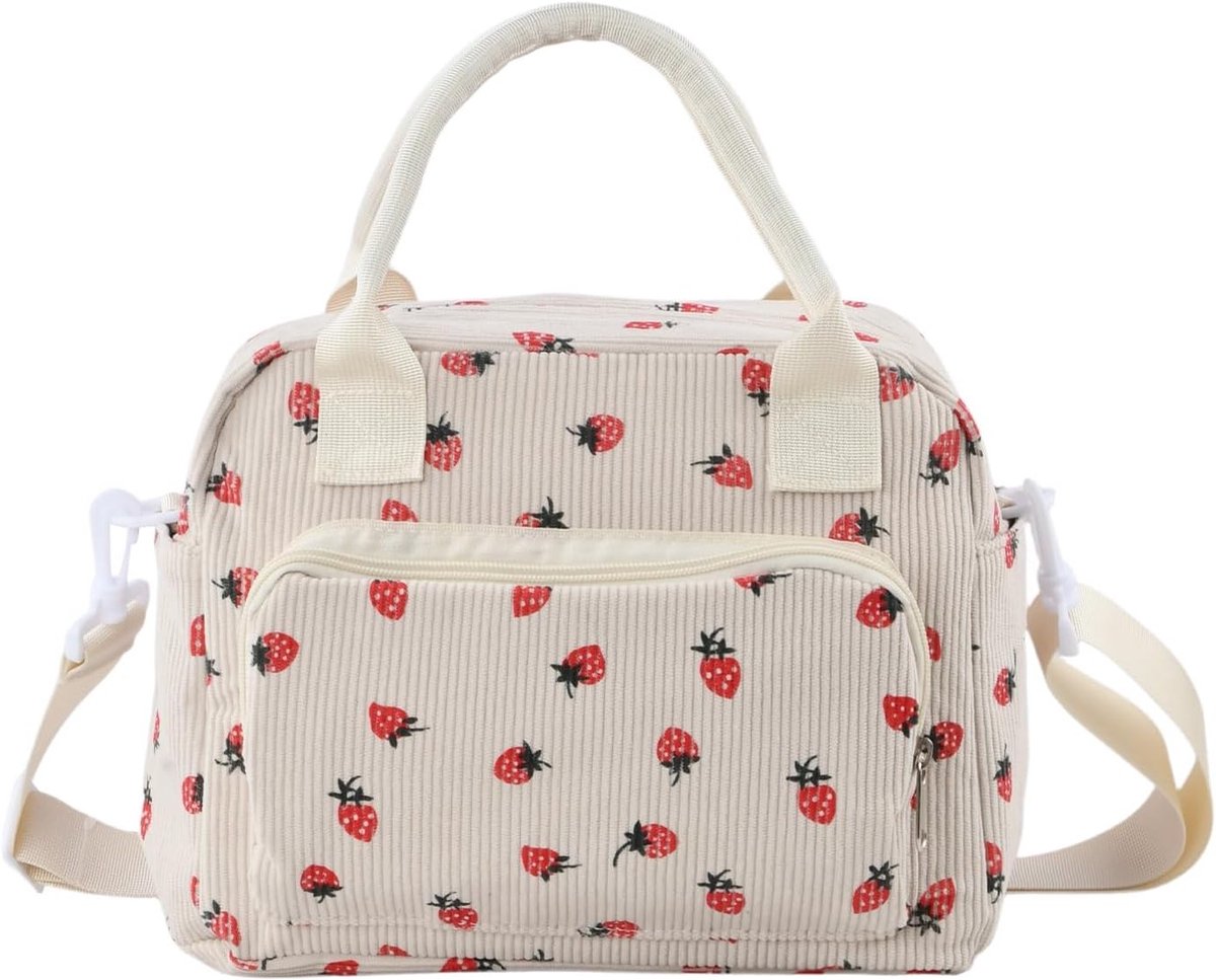 Praktische Geïsoleerde Lunchtas voor Kantoor, School en Picknick - Leuke Corduroy Koeltas (12L, Aardbeibeige)