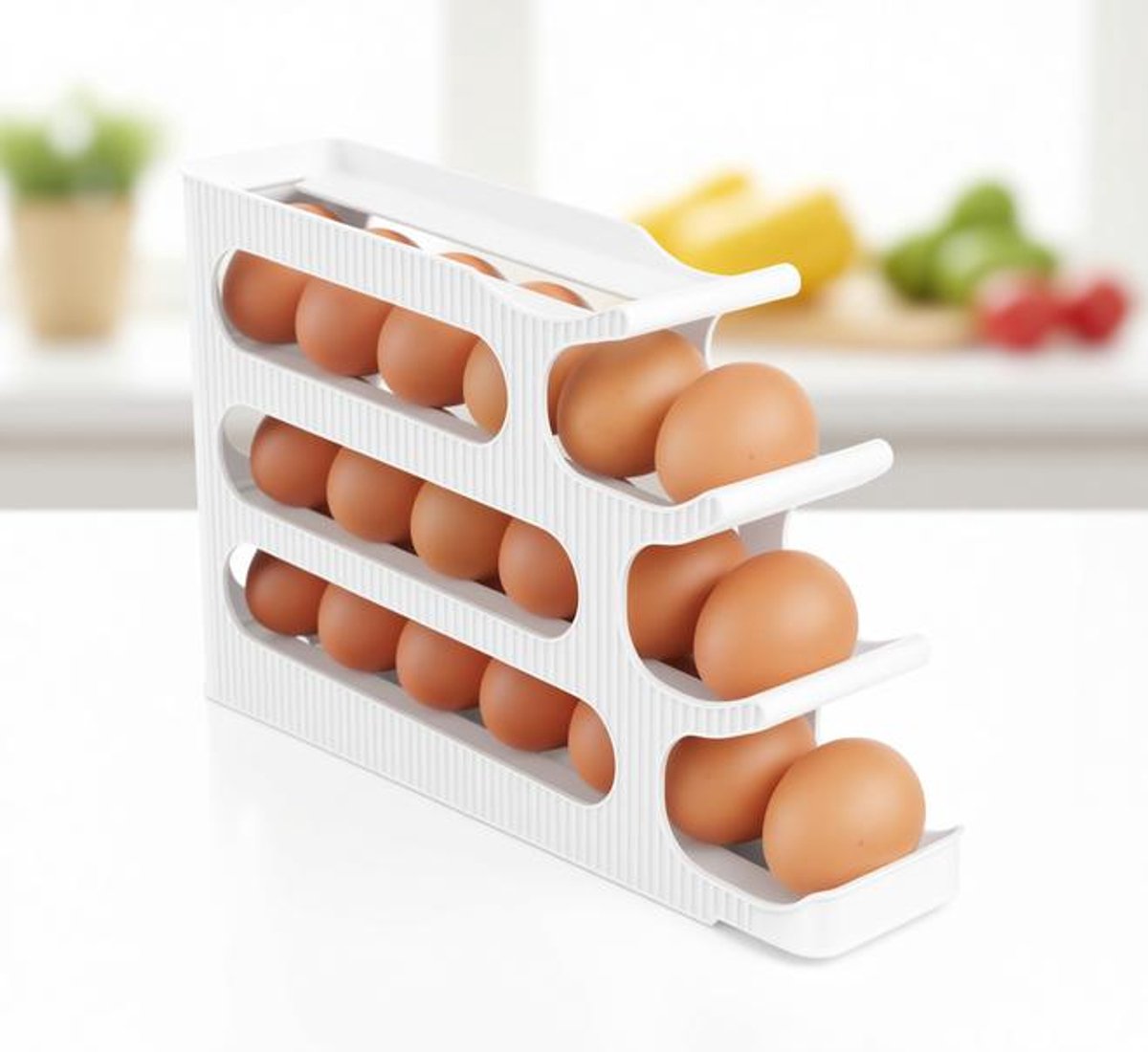 ElleMooi 4-Laags Automatische Rollende Eierdispenser voor Koelkast - Wit, Ruimtebesparend