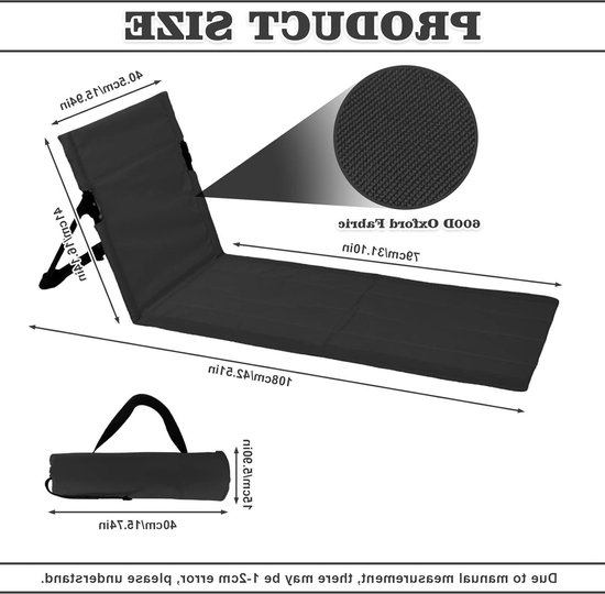 Vouwbare Strandmat met Rugleuning, Lichtgewicht Strandstoel met Uitgebreide Zitting voor Camping, Picknick en Tuingebruik, Zwart — afbeelding 3