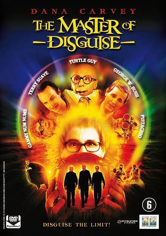 Filmcover 'The Master of Disguise' met Dana Carvey als Turtle Guy, omringd door andere personages. De tekst 'Disguise the limit!' is zichtbaar.