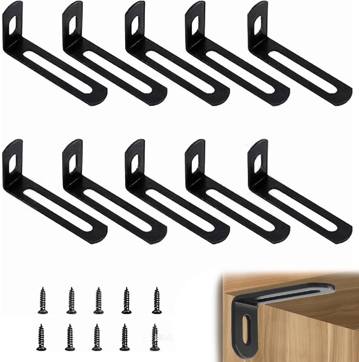 LIVIA HOME- Hoekbeugels Verstelbaar - 10 Stuks - L-vorm - Zwart - IJzer - 50x24x12mm - Voor Houten Meubels - Meubelbeslag