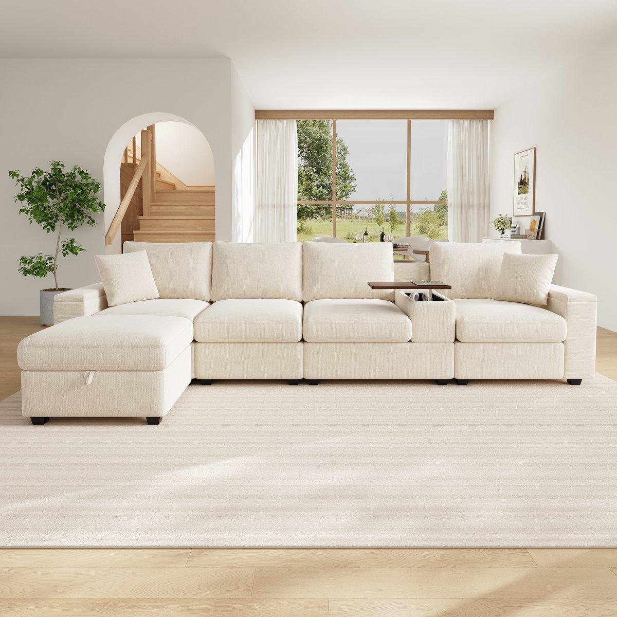 OKWISH Hoekbank 313 x 147 cm - Modulair Met Opbergruimte, Usb En Bekerhouders - Voor Woonk