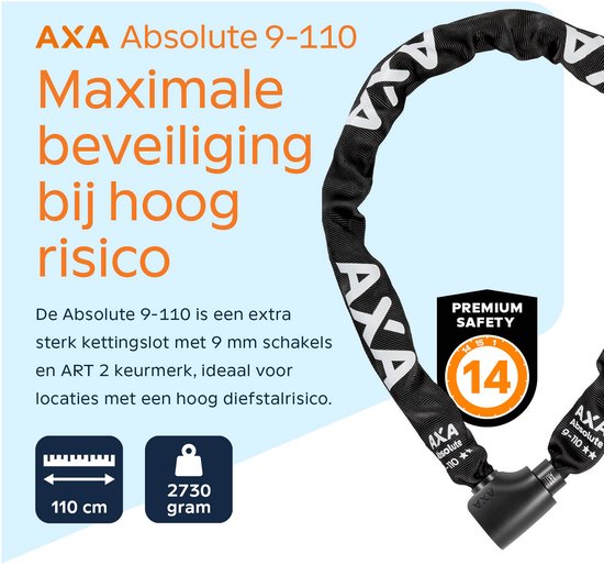 AXA Absolute 9-110 ART 2 Kettingslot – Fietsslot met keurmerk – Sterk slot met stalen ketting – Voor elektrische fiets, fatbike en bakfiets - Inclusief sleutelservice – 110 cm