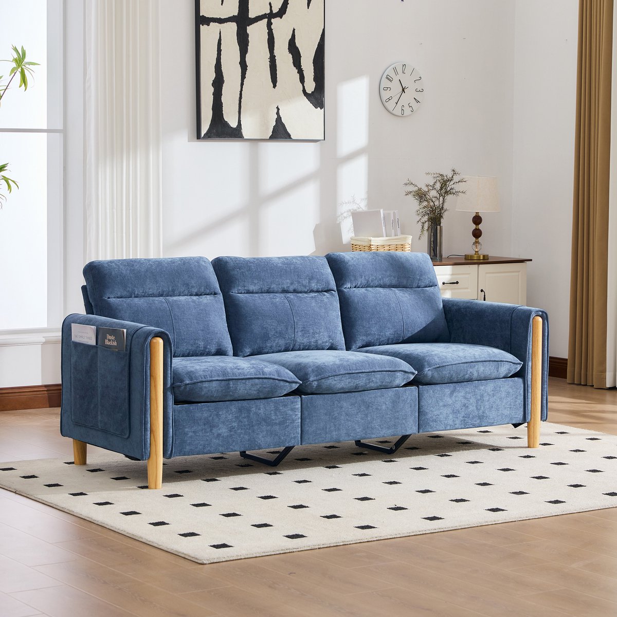 OKWISH Hoekbank 201 x 77 x 86 cm - 3-Zits Met Opberghocker En Zijvakken - Voor Woonkamer En Kleine Ruimtes - Chenille - Blauw