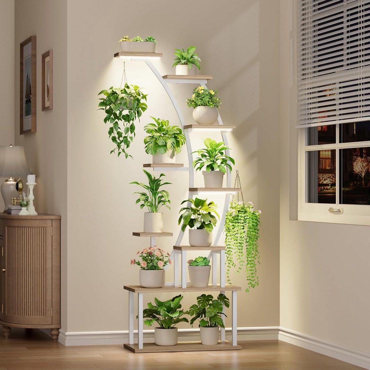 Plantenstandaard met Verlichting - Bloemenrek - Binnen Tuinieren - 9 Niveaus C-Vorm - 160cm Hoog - Zwart