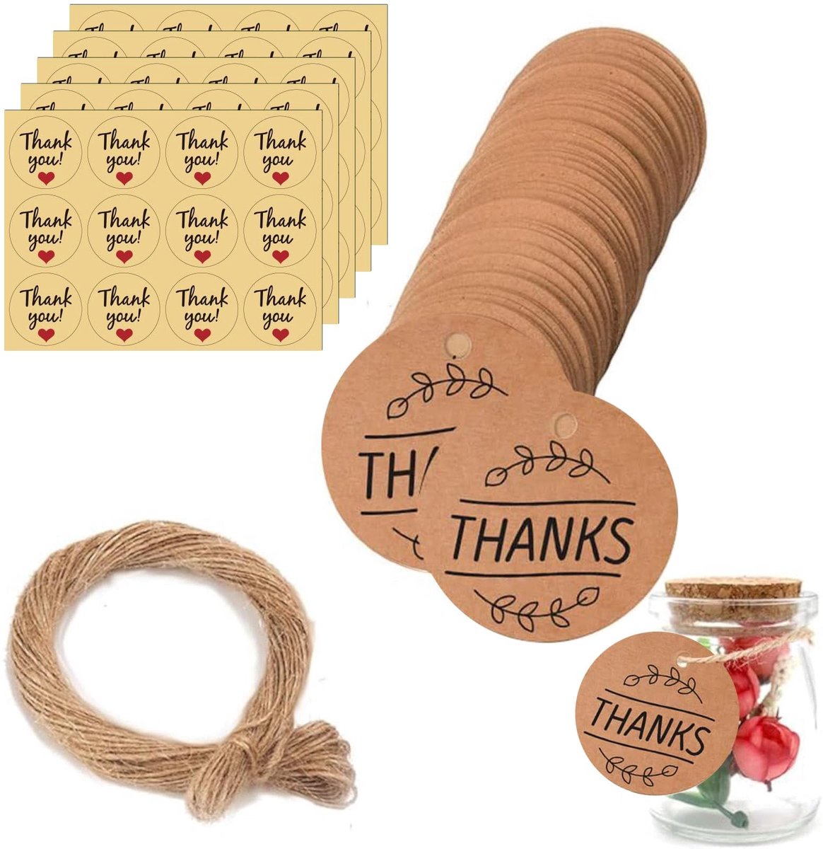 Dailygoods- Bedankhangers 100 Stuks - Cadeaulabels/Kraftpapier - Etiketten - Geschenkverpakkingen - Rustiek - Inclusief Jute Garen