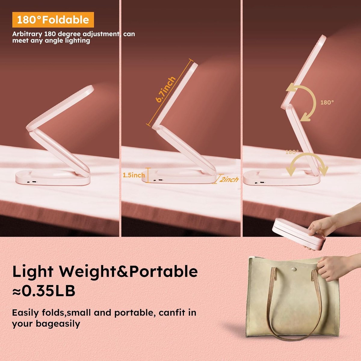ZVD Roze oplaadbare bureaulamp – Compacte, draadloze LED-leeslamp op batterijen voor kantoor en thuis; opvouwbaar en draagbaar, dimbaar met 3 kleurtemperaturen en instelbare helderheid. — cadeau in Gadgets - foto 2
