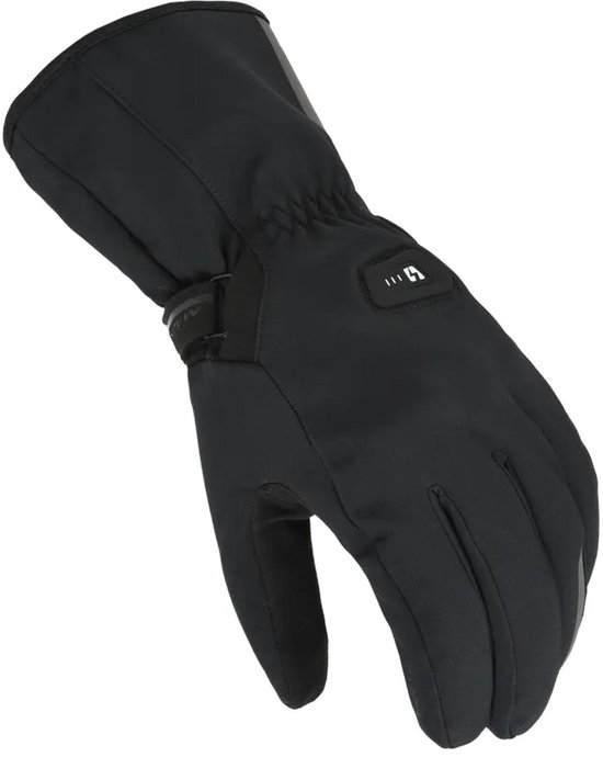 Zwarte Macna motorhandschoen met grijze, reflecterende details op de pols en een klein logo op de rug van de hand.