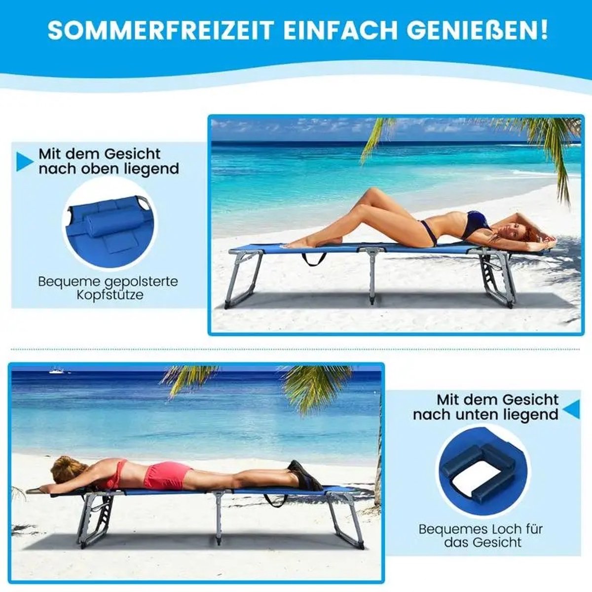 Dailygoods Opvouwbare chaise longue stoelbed, verstelbaar voor buiten, patio, strand-blauw