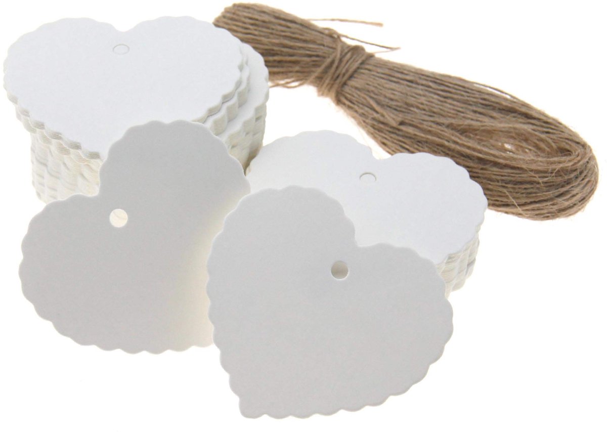 Dailygoods- Gift Tags Hartvorm 100 Stks - Etiketten Papier - Cadeau-tags - Kledinglabels - Bruine String 20 Meter - Voor DIY Projecten
