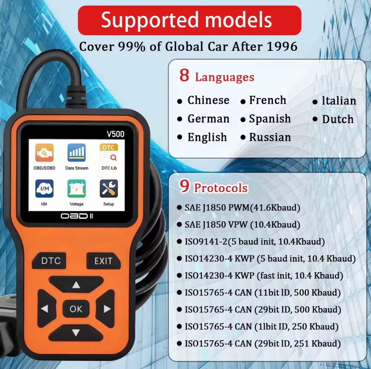 OBD2 Diagnoseapparaat V500 – Auto Uitleesapparaat – Foutcodelezer – OBDII Scanner – Live Data – Accuspanning Test – Benzine & Diesel thumbnail 8