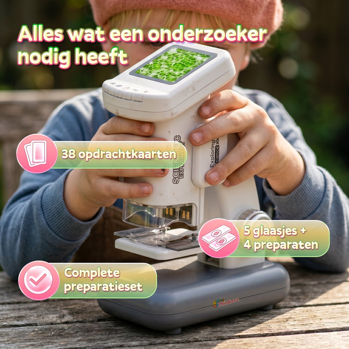 Microscoop voor Kinderen - Incl. Leerboekje + 38 Opdrachtkaarten - Digitale Kinder Microscoop 1200x met HD Scherm - Afneembare Standaard - Oplaadbaar - Handmicroscoop - Foto & Video - STEM Speelgoed — afbeelding 2