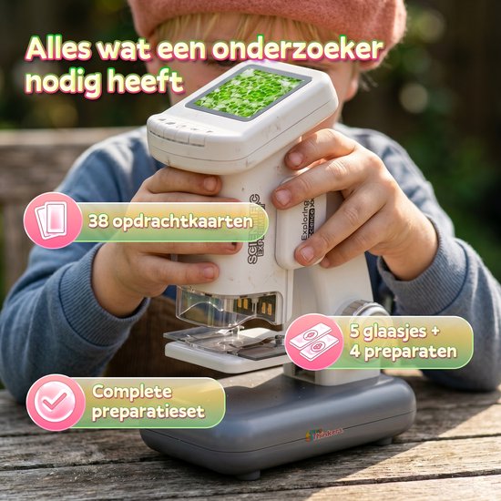 Microscoop voor Kinderen - Incl. Leerboekje + 38 Opdrachtkaarten - Digitale Kinder Microscoop 1200x met HD Scherm - Afneembare Standaard - Oplaadbaar - Handmicroscoop - Foto & Video - STEM Speelgoed