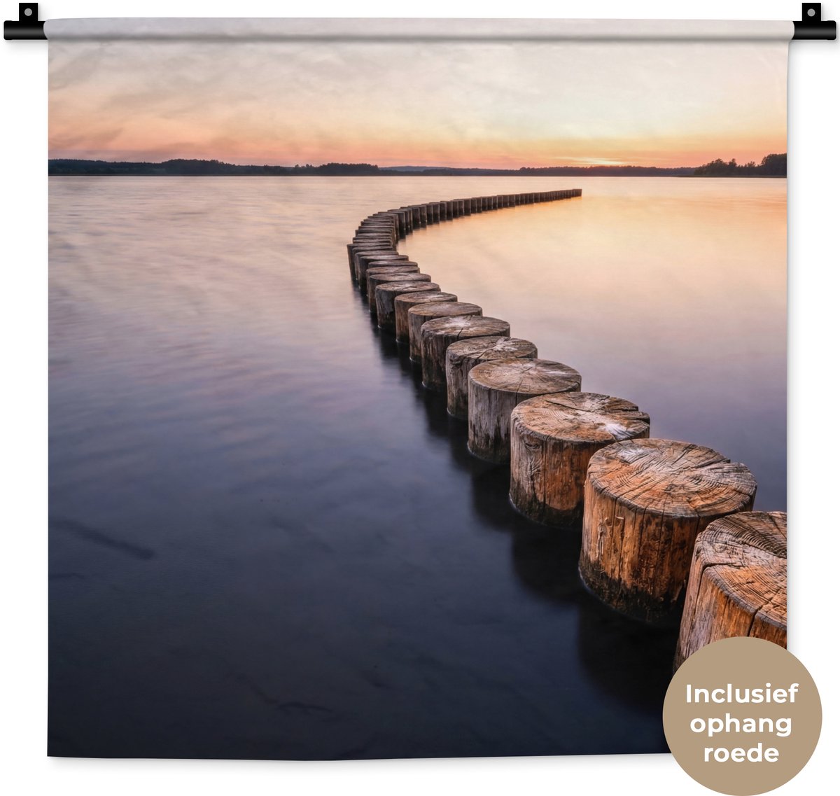 Wandkleed 60x60 cm - Wanddoek Hout - Palen - Water - Wandtapijt - Wandkleden