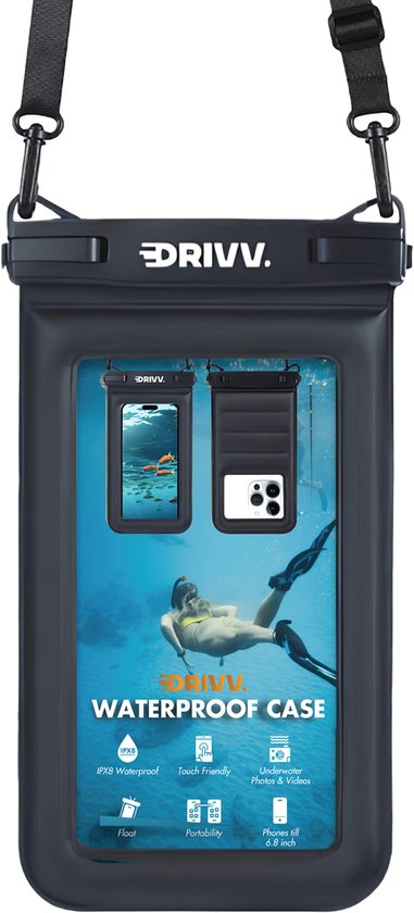 Drivv. Housse de téléphone étanche de luxe – Flottante - Double fermeture à clip - Éponge Extra - Téléphones jusqu'à 6,8 pouces – Housse de téléphone sous-marine - Noir