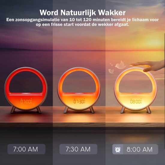 Inga® Smart Wake Up Light met zonsopgang simulatie, draadloos oplader, en bluetooth speaker| Automatische tijdinstelling | Wifi | Zet de toon met 9 omgevingssferen en 4 natuurlijke geluiden