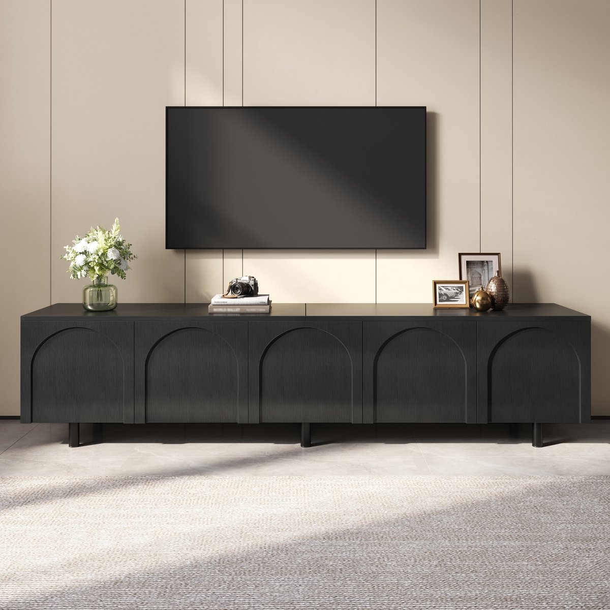 PHOEBE CAT TV-meubel - Lage kast met 5 deuren - Metalen poten - Spaanplaat - Zwart