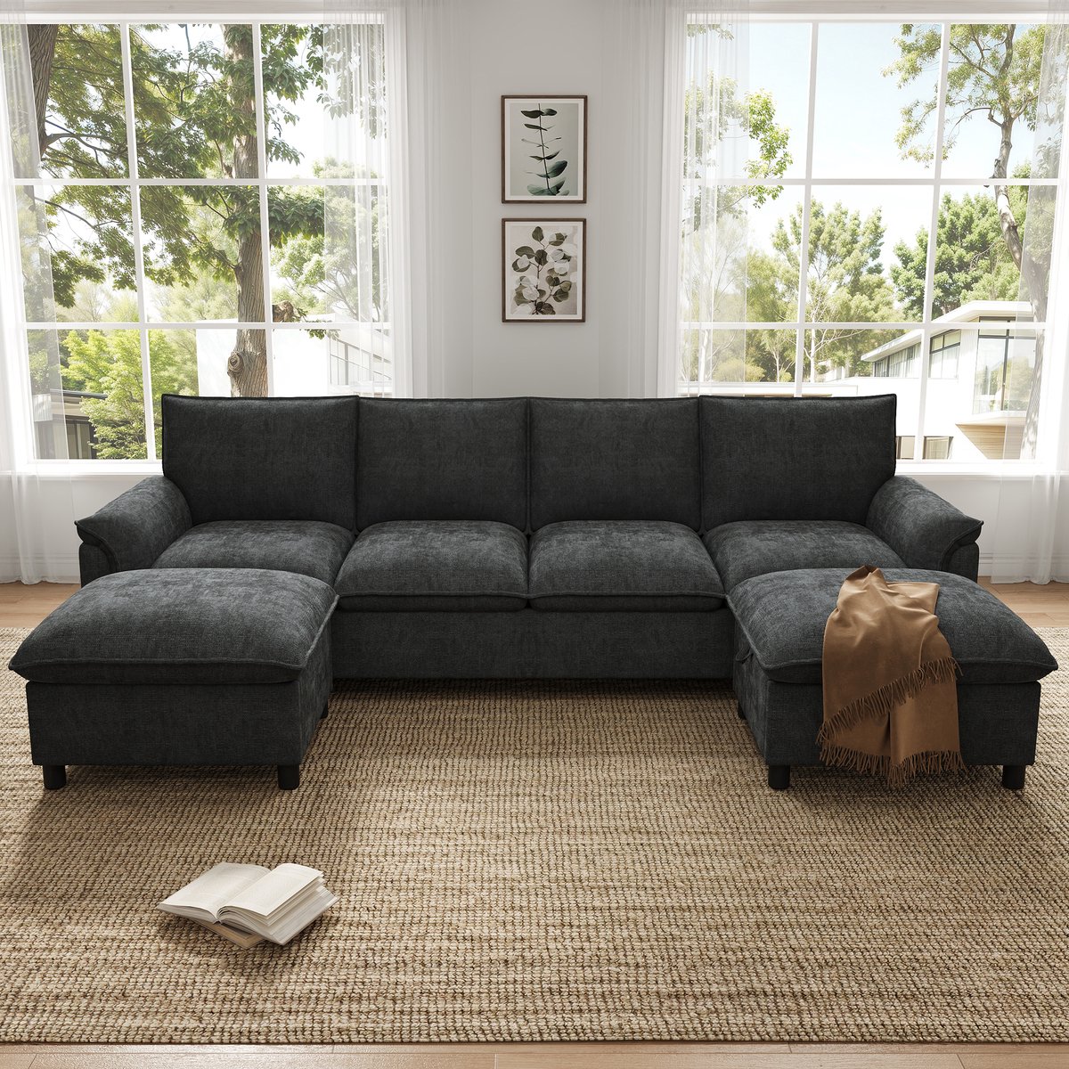 FloraGrace U-Bank 264,5 x 142,5 x 84 cm - Modulair Cloud Sofa Met 2 Verplaatsbare Voetenbanken En Opbergruimte - Chenille - Zwart