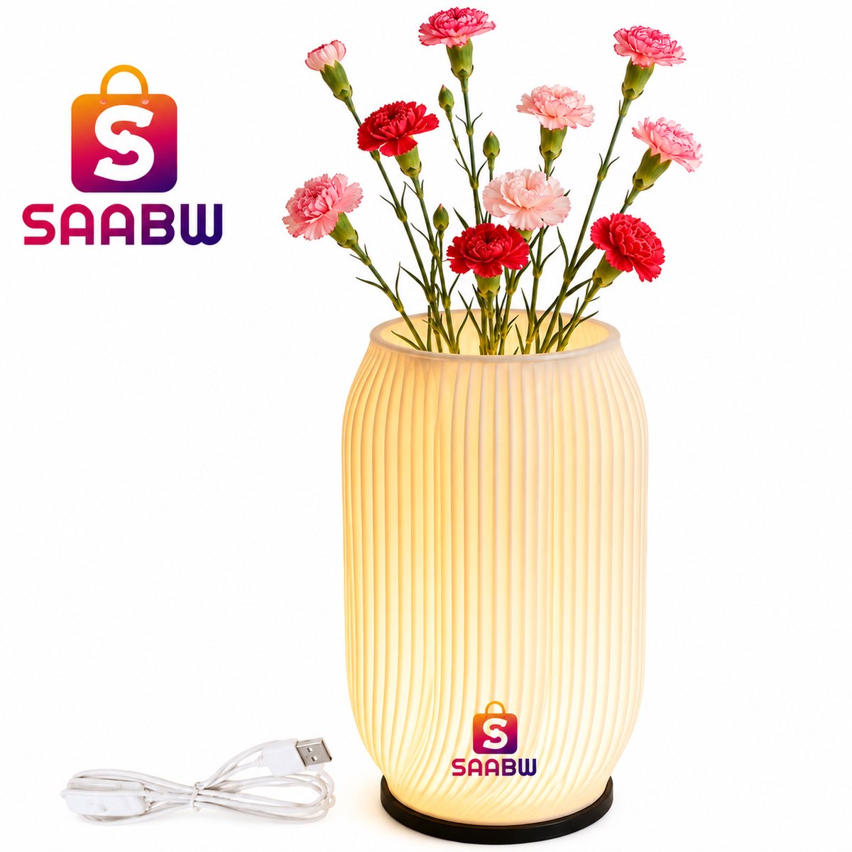 RGB LED Tafellamp met Bloemenvaas 2-in-1 – Decoratieve Sfeerlamp met Afstandsbediening – Kleurwisselend – USB – Ecru – cadeau voor thuis – kleurwisselende verlichting – lamp met afstandsbediening – bureau lamp – 90054