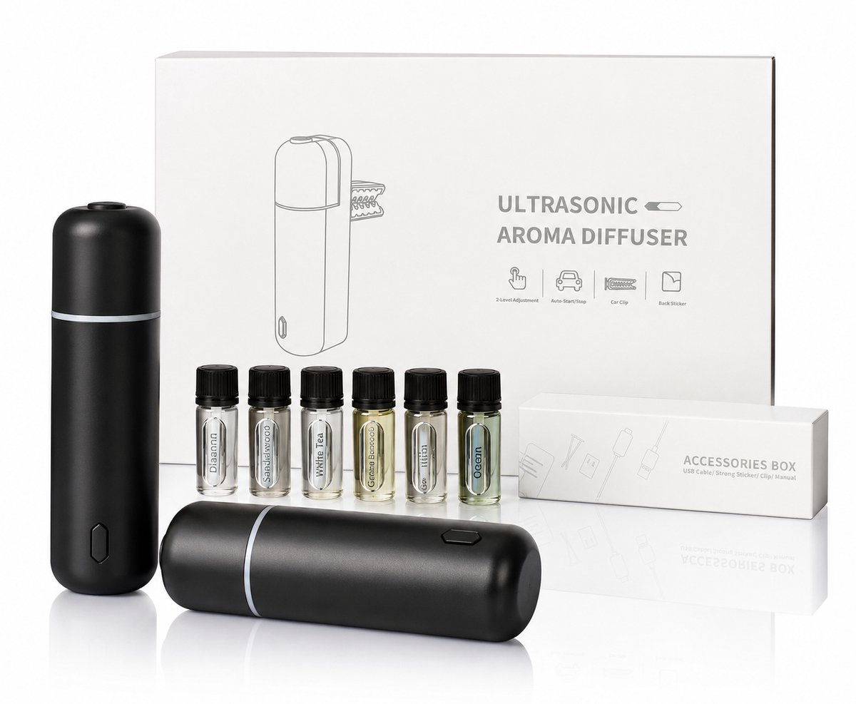Auto - Aroma diffuser - Draadloos - USB-C - Inclusief 6 Geuren - Zwart