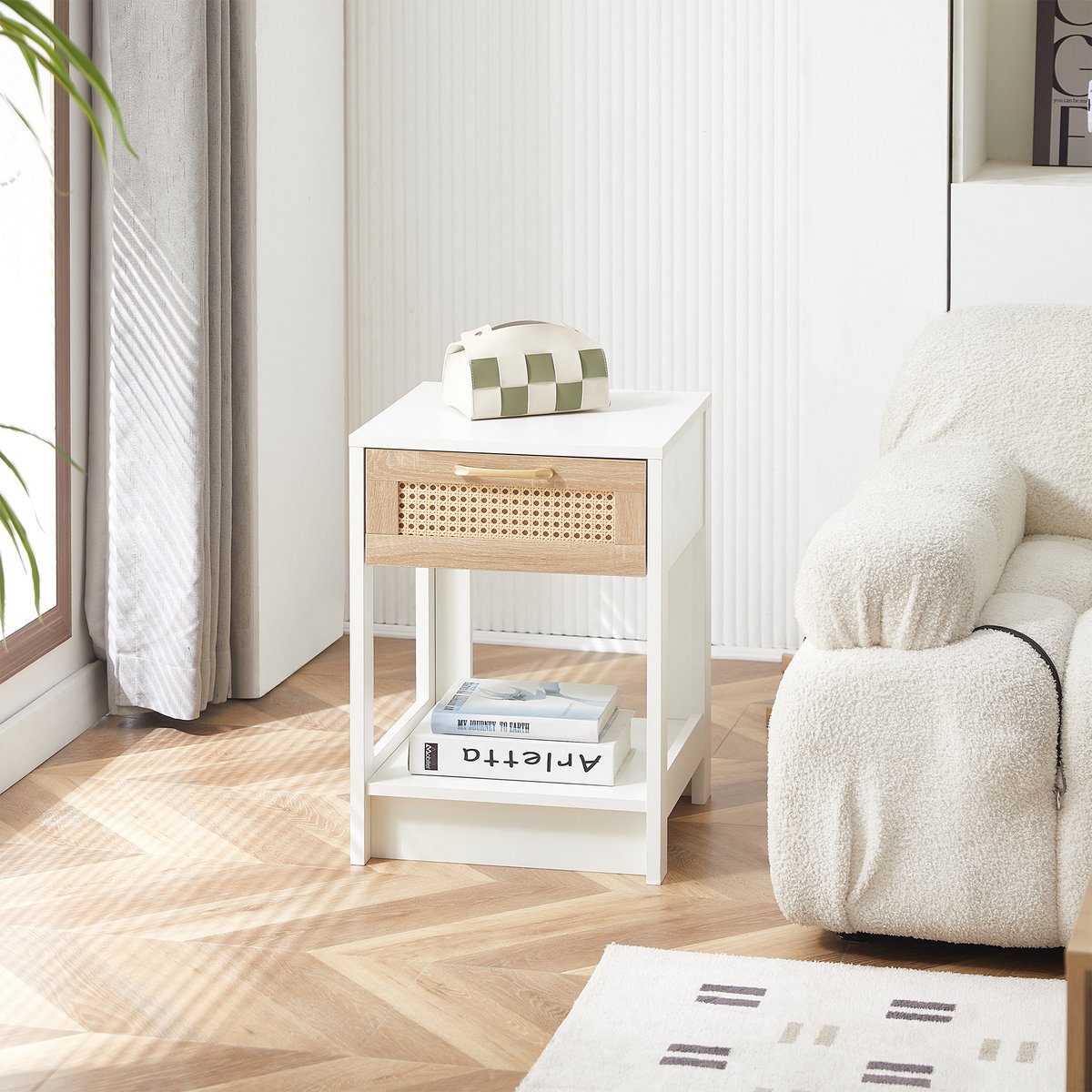 Rattan Nachtkastje Met Lade - Bijzettafel Slaapkamer Wit - Opbergkast Modern