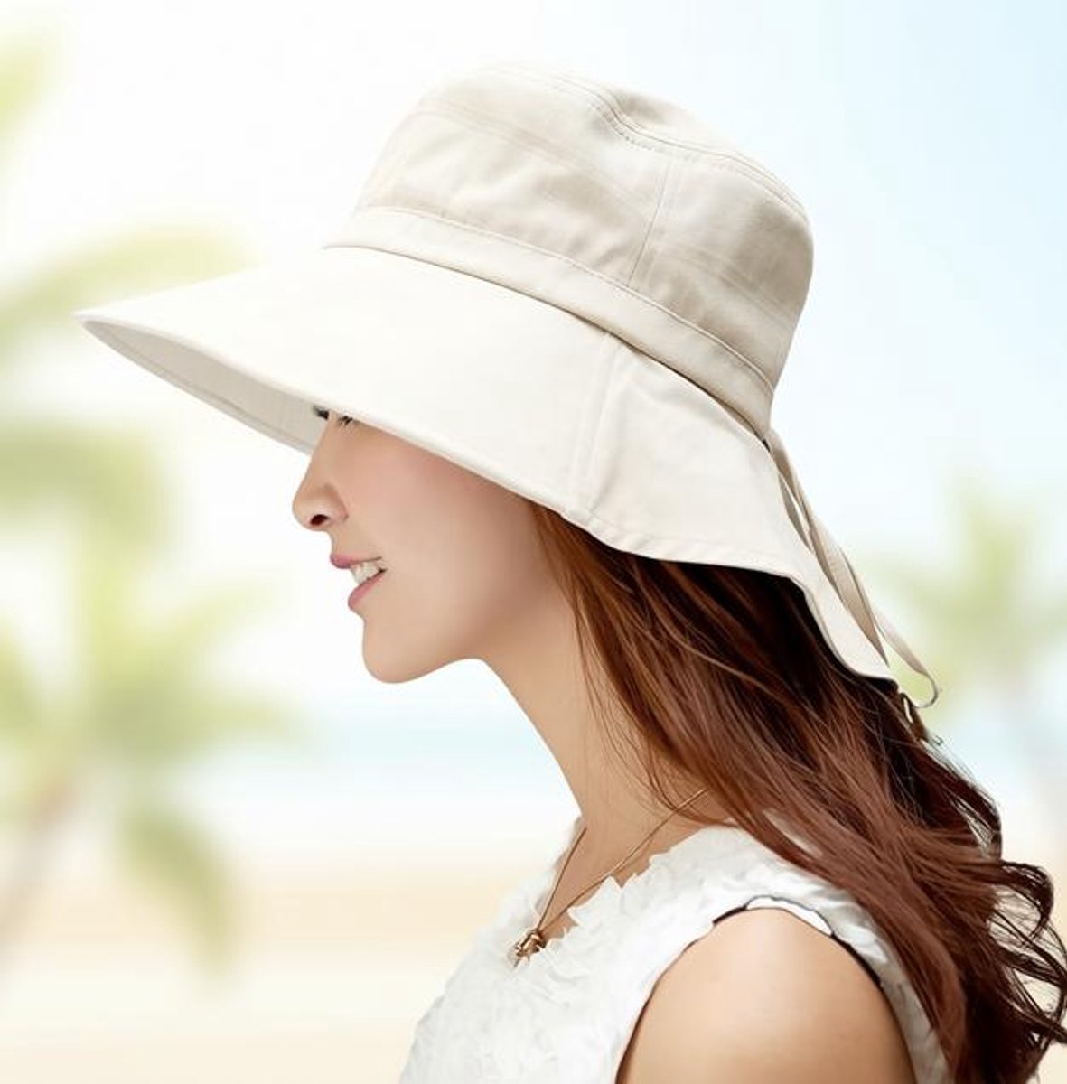 ElleMooi Opvouwbare Zonnehoed voor Dames - Slub-katoen, Brede Rand 11,5 cm, UPF 50+, Beige, Maat M