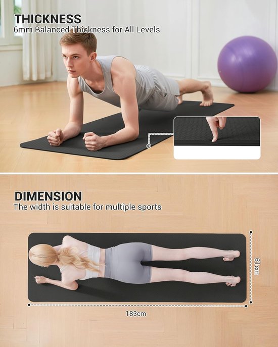 Yogamat Fitnessmat - Trainingsmat Pilates - Thuis Sporten - Extra Dikke Demping - 6 mm Dikte - Zwart van Yogamat — afbeelding 2