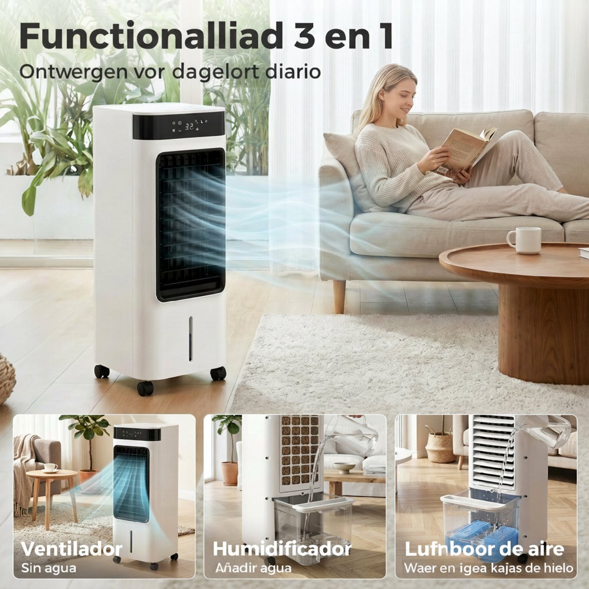 Mobiele Airco - Aircooler / Luchtkoeler - Draagbare Airconditioner - 3-in-1 Airco, Ventilator & Ontvochtiger - 7L Watertank - voor 20 m² - met Afstandsbediening & 24-uurs Timer - 50 dB - Inclusief Wieltjes - Wit thumbnail 6