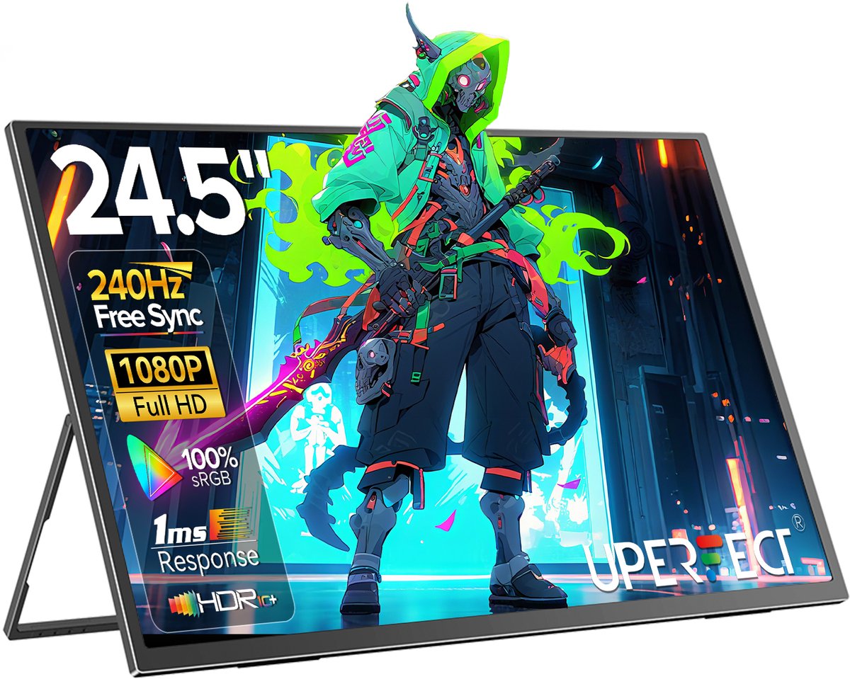 Draagbare Monitor 24.5 inch 240Hz IPS Full HD 1920x1080 — Extra Scherm Laptop — USB-C HDMI — Ingebouwde Speakers — VESA — Inclusief Kabels— Zwart