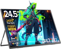 Draagbare Monitor 24.5 inch 240Hz IPS Full HD 1920x1080 — Extra Scherm Laptop — USB-C HDMI — Ingebouwde Speakers — VESA — Inclusief Kabels— Zwart