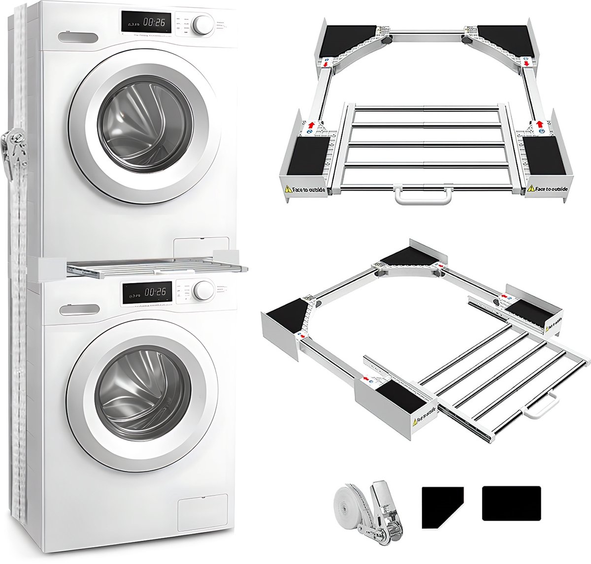 Universeel Wasmachine en Droger Stapelrek – In Hoogte Verstelbare Wasmachine Standaard met Werkblad – Metaal Wasmachine Rek – Ruimtebesparend Wasmachine Meubel