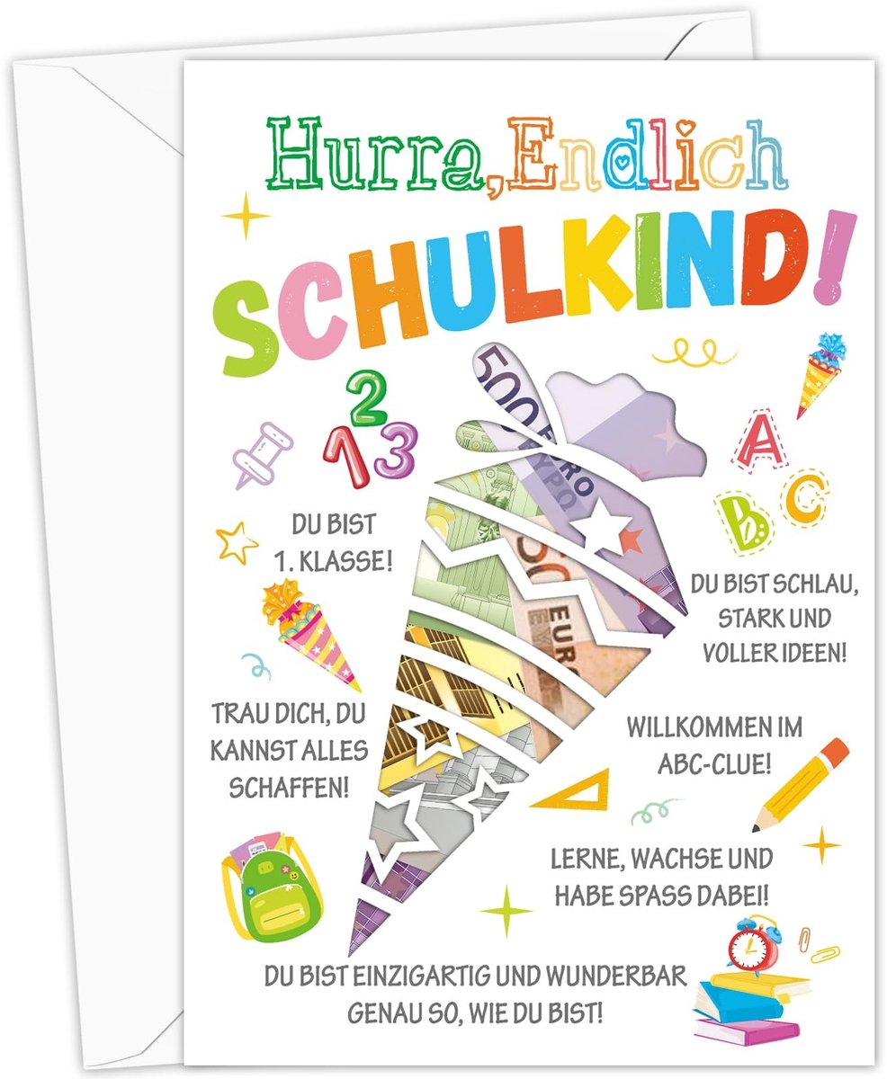 VLEMICO- Schoolkaart Eerste Schooldag - Ansichtkaart - Cadeau voor Kind - Envelop - Educatief - Decoratief - Schoolbord
