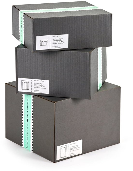 Drie opgestapelde grijze geschenkdozen met op de zijkant mintgroen-wit gestreepte banden met tekst en vis-icoontjes.