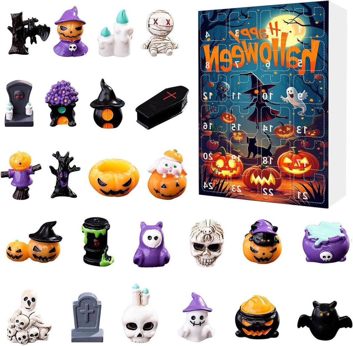 Halloween Adventskalender 2025, 24 Dagen Countdown met Mini Figuren, Decoraties voor Kinderen en Volwassenen, Spooky Pompoen en Schedel Thema