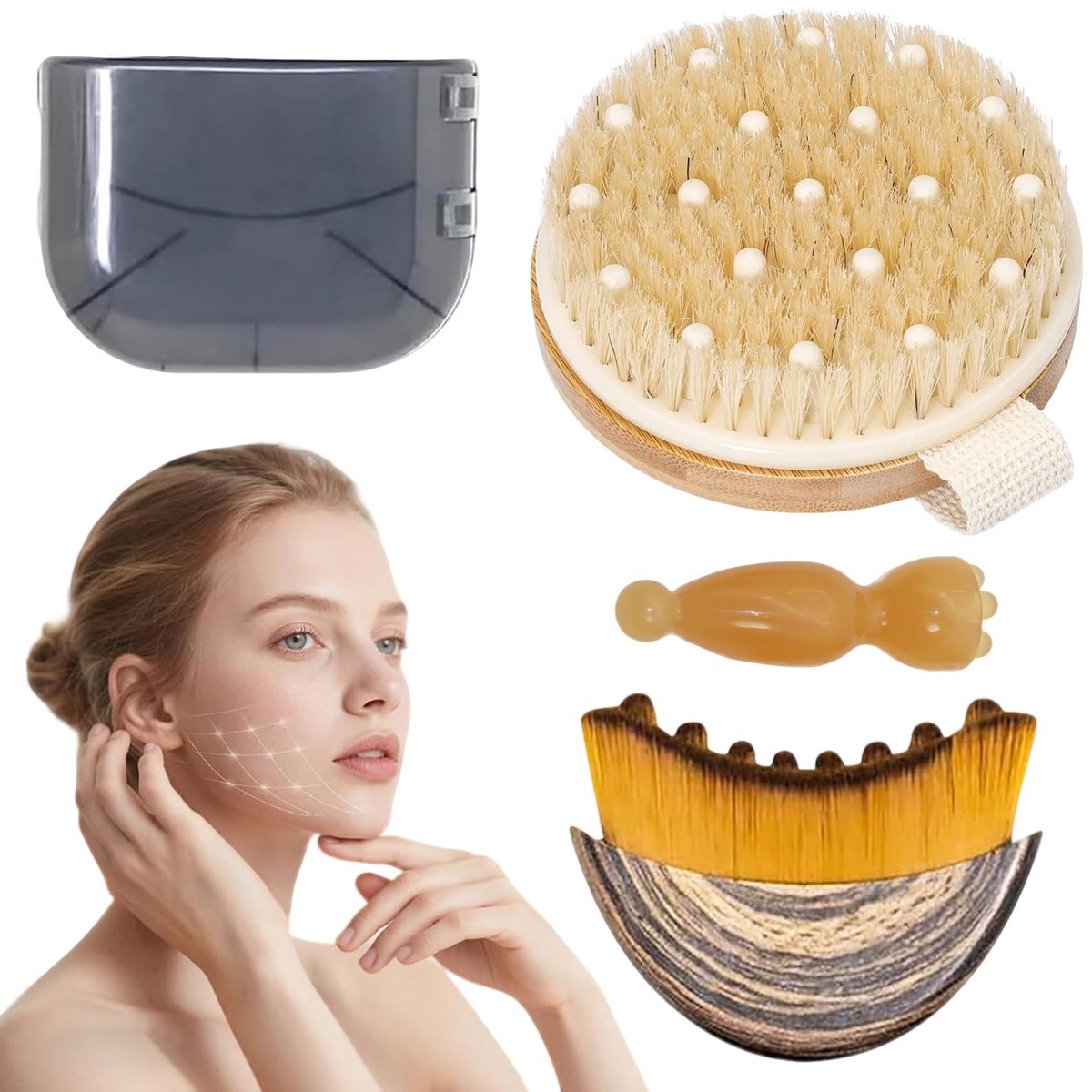 Dailygoods- Lymfeborstels 3 stuks - Gezichtsmassageborstel - Lymfedrainage Borstel - Houten/Kunststof - 11 cm - 230 gr