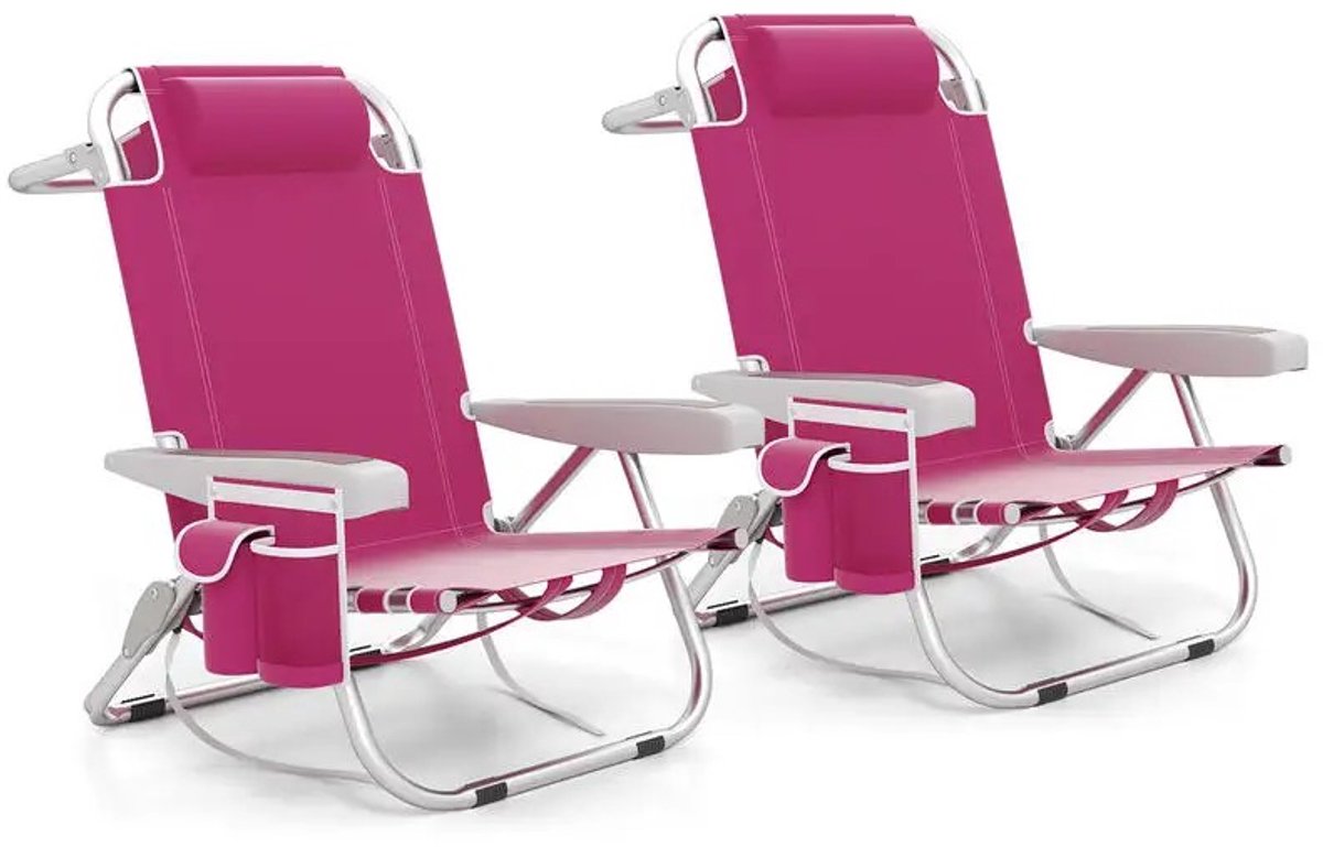 Dailygoods Opvouwbare rugzak-strandstoel met bekerhouder en opbergvakken, set van 2 - Roze