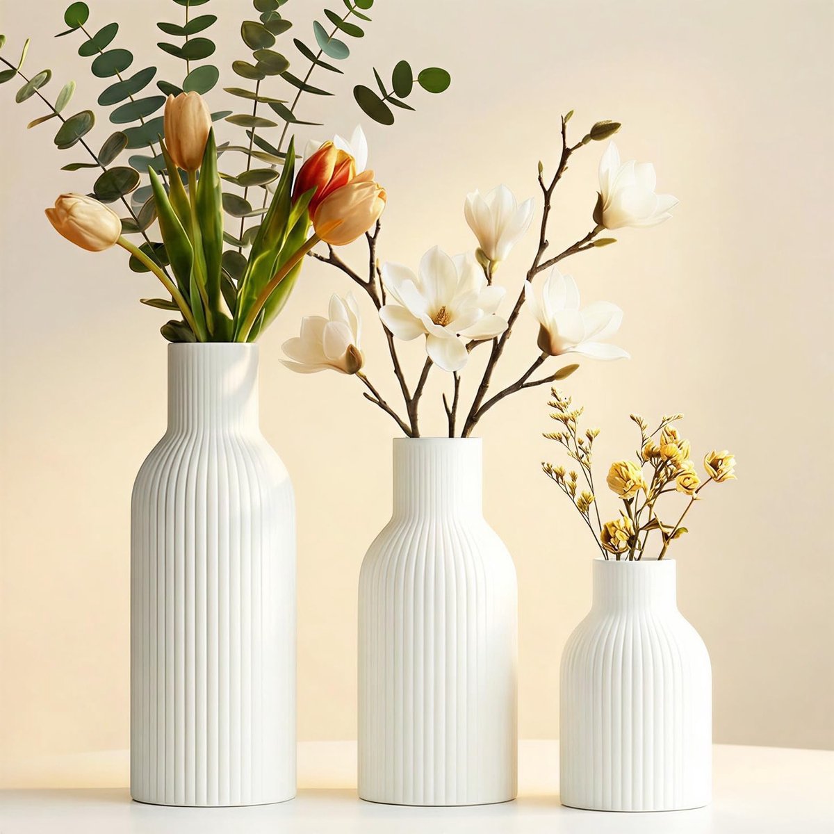 Witte Keramische Vaas Set van 3 voor Pampasgras en Gedroogde Bloemen - Moderne Tafeldecoratie in Boho en Scandinavische Stijl voor de Woonkamer