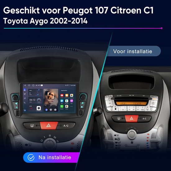 Autoradio voor Peugeot 107, Toyota Aygo, Citroen C1. Voor en na installatie.