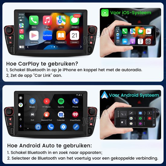 Scherm met CarPlay en Android Auto interfaces, iconen voor apps zoals telefoon, muziek, maps en agenda. Instructies voor gebruik worden getoond.