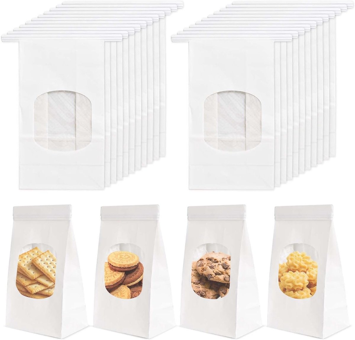 Set van 20 Herbruikbare Kraft Papieren Tassen met Venster voor Gebak, Snacks en Sandwiches