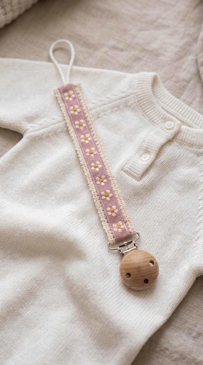Speenkoord Katoen Madeliefjes | Roze Speenkoord met Houten Clip | Fopspeenhouder Baby | Speenketting | Kraamcadeau Meisje | Babyshower Cadeau – foto 2