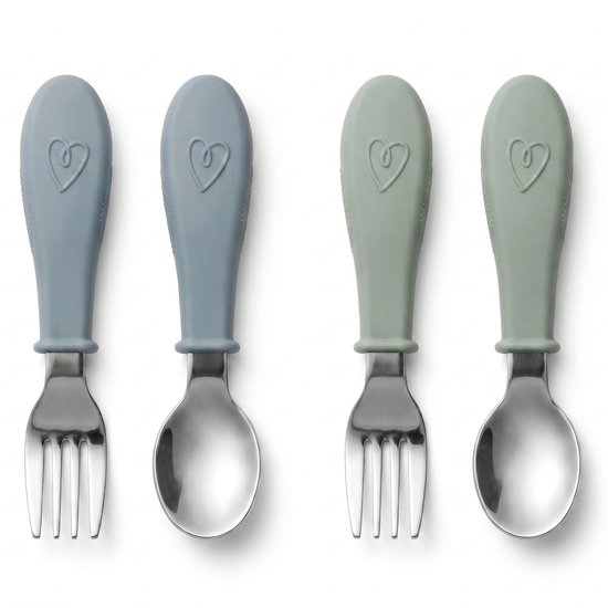 Couverts pour enfants Broemba en acier inoxydable - Set de 4 - 2 cuillères et fourchettes Bébé - Couverts pour bébé 100 % sans BPA - Cuillères et fourchettes - Couverts pour tout-petits verts/ Blauw