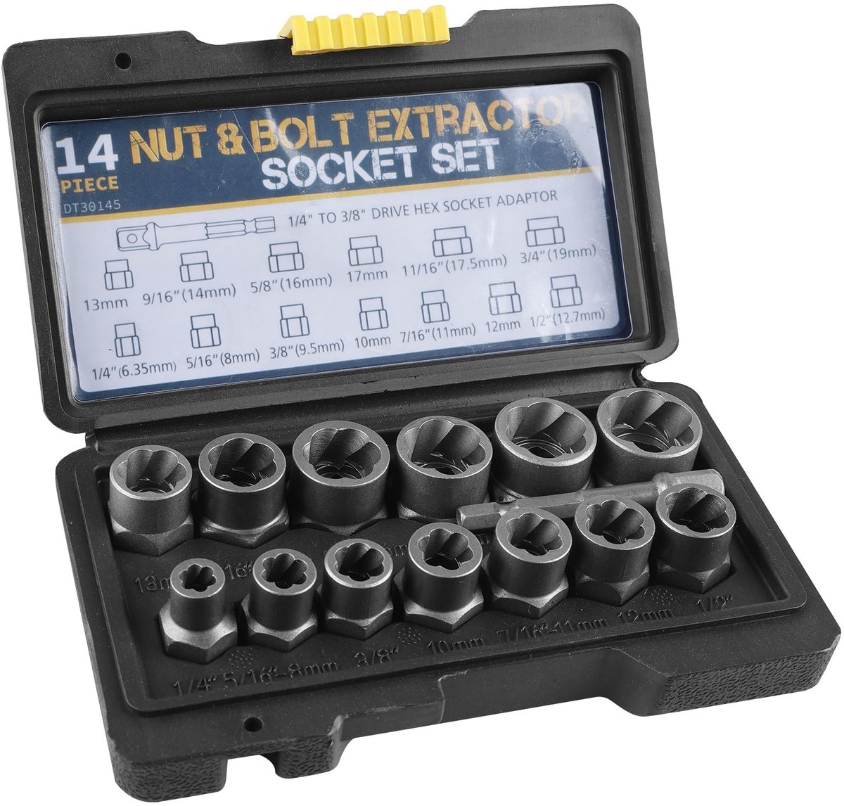 Dailygoods- Schroefextractor 14-Delig - Schroefextractorset - Steeksleutelset - Verwijderen van Beschadigde Schroeven - Geschikt voor Maten 6.35-19 mm - Gemaakt van Versteend Chroom Vanadium Staal - Dopsleutelset