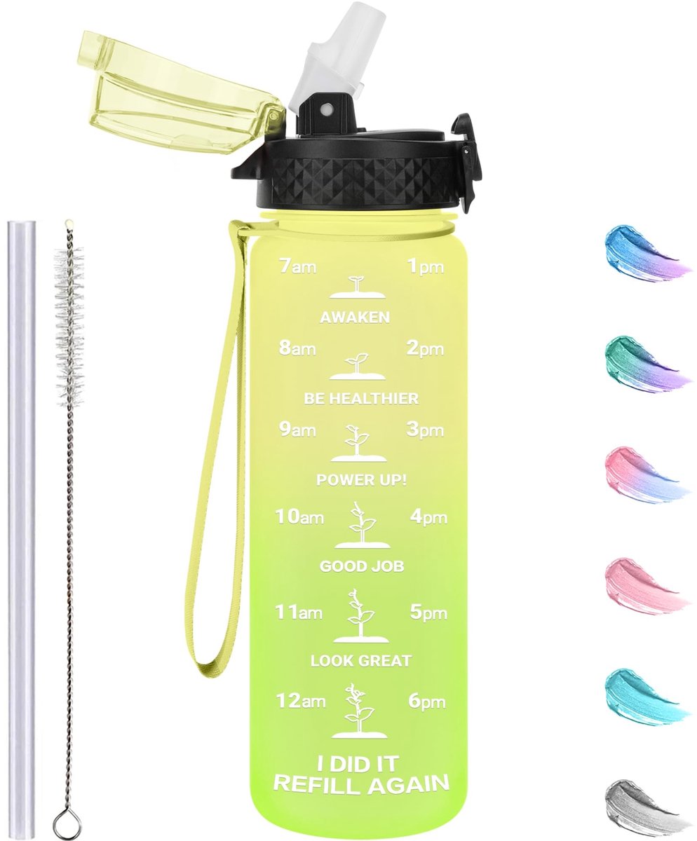 Dailygoods- Kinderwaterfles 500ml - Drinkfles met Rietje - BPA-vrij - Lekvrij - Herbruikbaar - Sneldop met Tijdmarkeringen