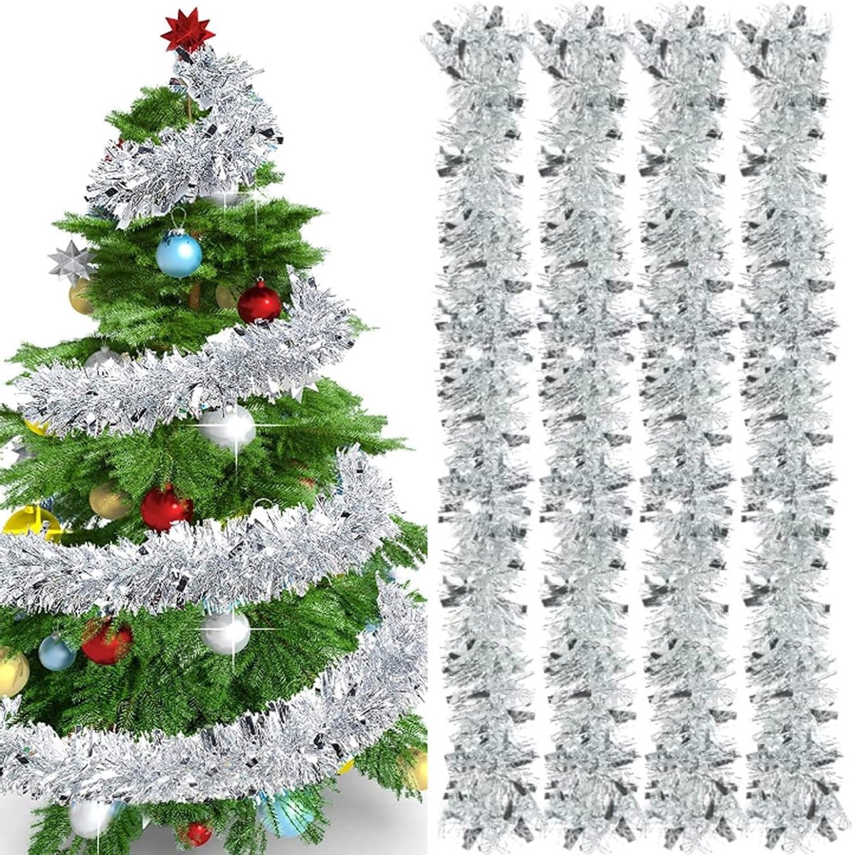 Kerstversiering: 4 Stuks Lametta Slingers van 2 m voor de Kerstboom, Glanzende Decoratie voor Feestdagen en Kerstparty's, Zilveren Ornamenten